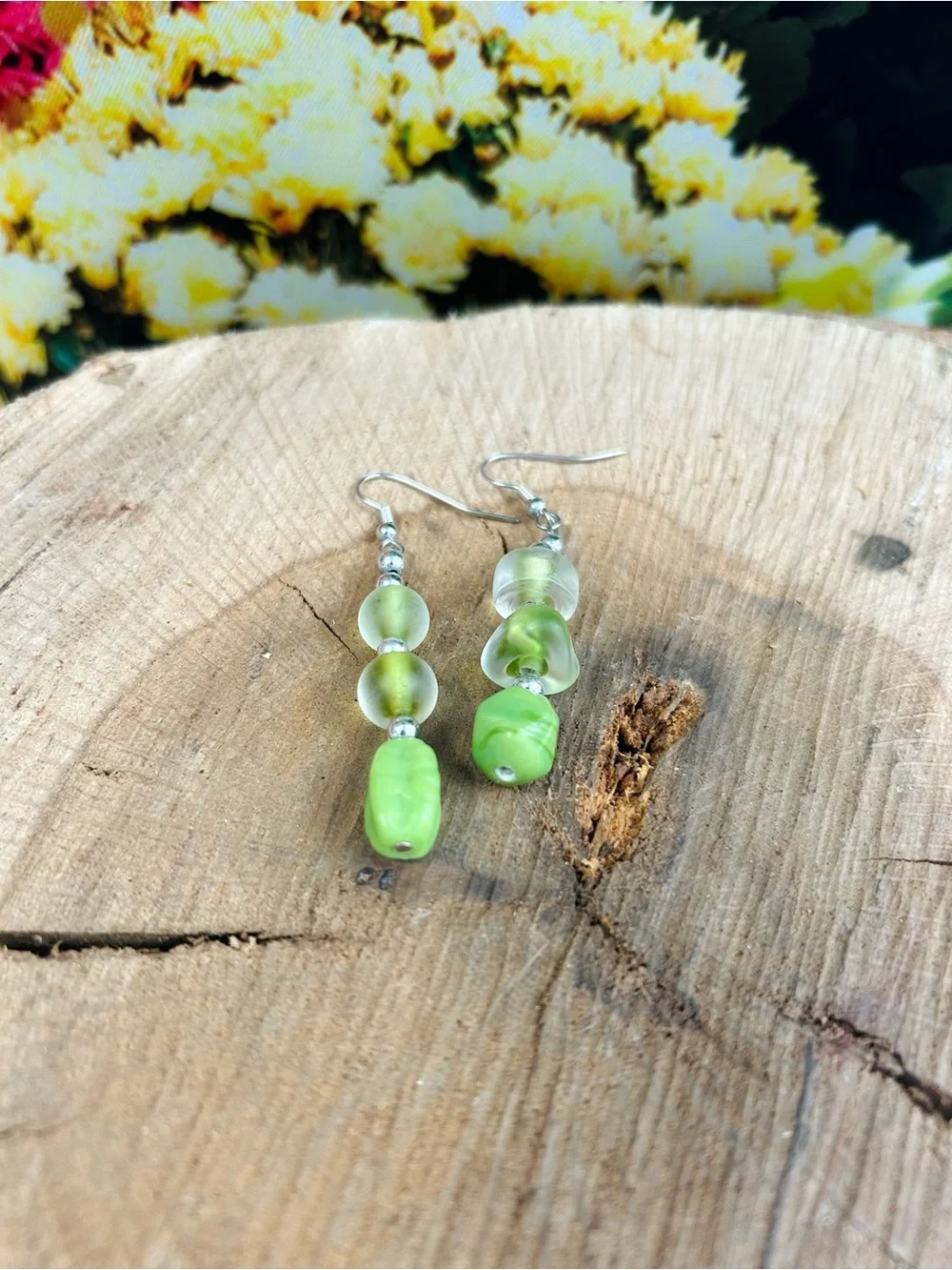 Handmade Green Beaded Dangle Earrings Earthy Glass Jewelry